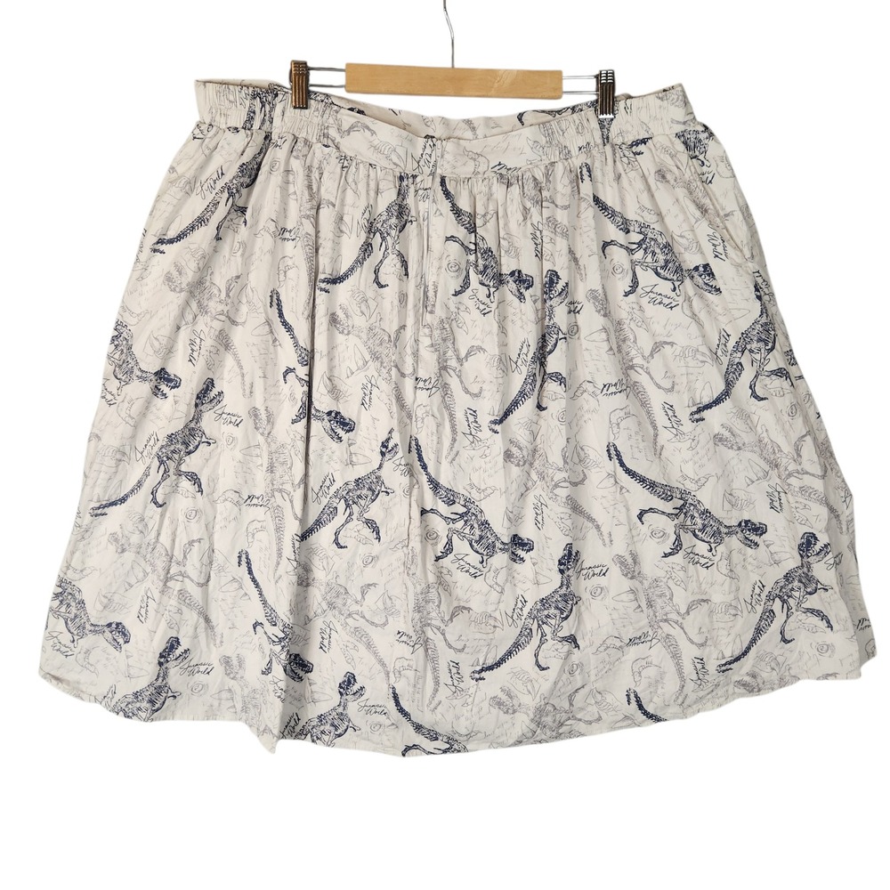 Jurassic World Skirt Women's 22 White Dinosaur Skeleton Print Pockets Rockabilly